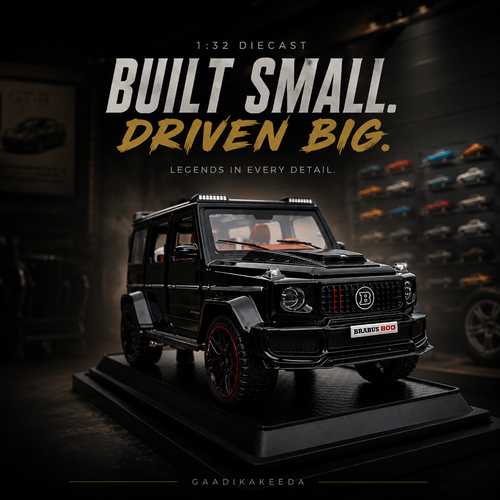 A black Brabus G-Wagon diecast model car displayed on a black pedestal in a dark showroom setting. Large text at the top reads 'BUILT SMALL.