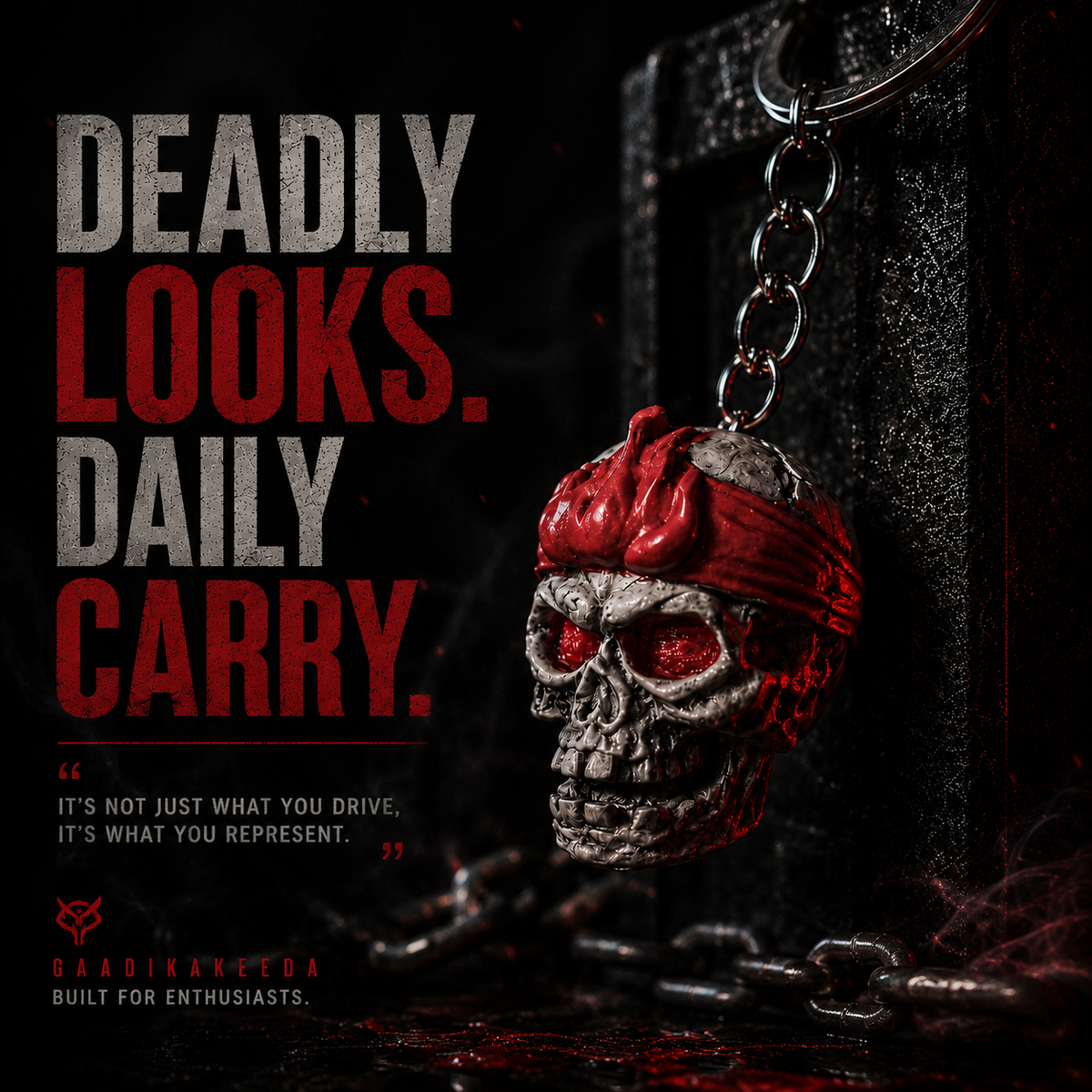 A skull-shaped keychain with a red bandana and glowing red eye sockets, hanging from a chain against a dark textured background. Large text on the left reads 'DEADLY LOOKS.