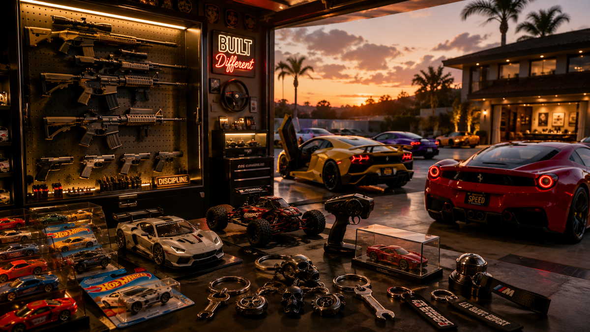 A garage or workshop interior at sunset with a red sports car parked outside, a yellow sports car with its door open, and a display of miniature toy cars, tools, and wall-mounted firearms inside. A neon sign reads 'Built Difficult'.